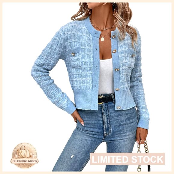 Sweaters - Lightweight Cropped Cardigan Sweater with Pearl Button Open Front